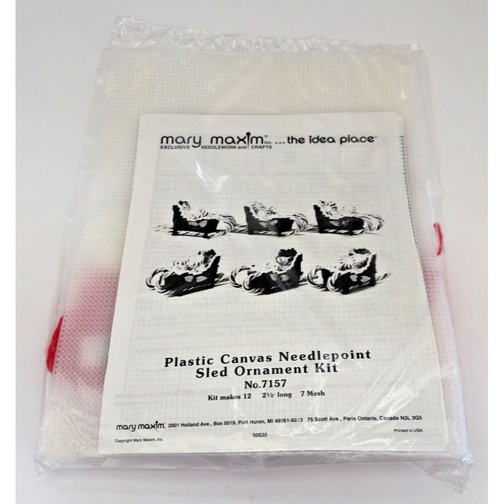 Vintage Mary Maxim Plastic Canvas Needlepoint Sled Ornament Kit #7157 NIP